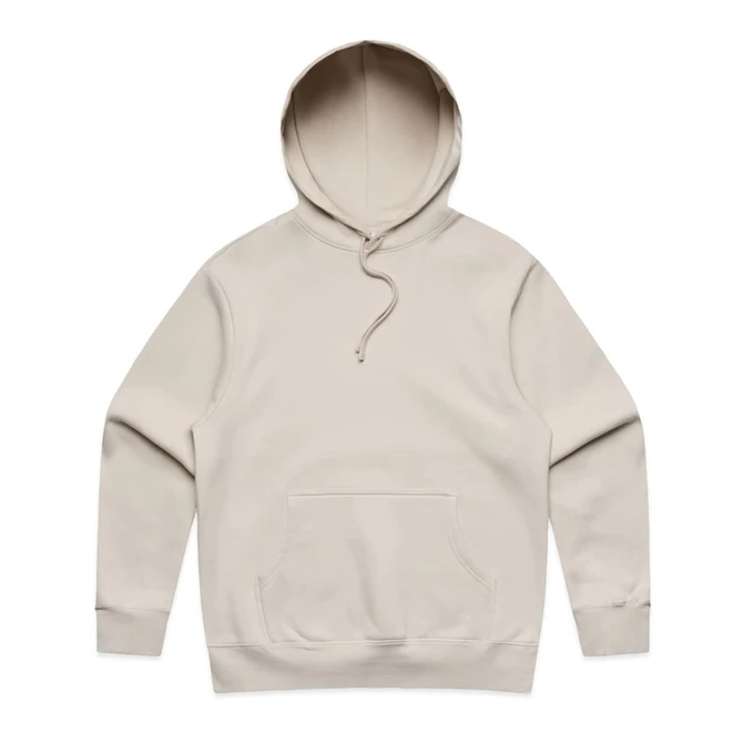 A beige hoodie with a front pocket and a drawstring hood, featuring a logo on the chest area.