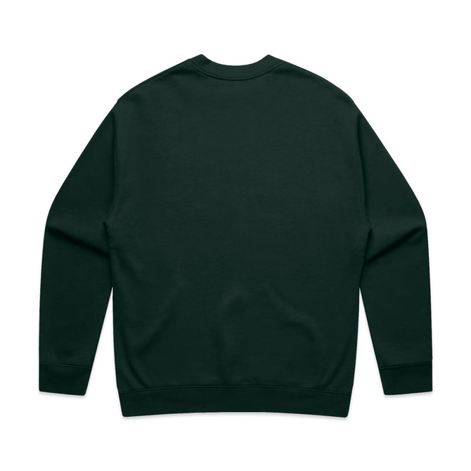A dark green sweater with long sleeves and a crew neck, featuring a logo on the back.