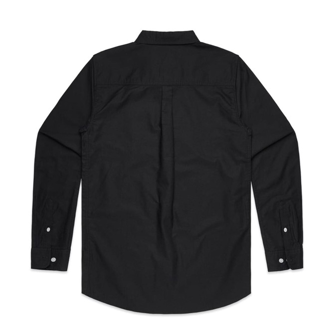 A black button-up Oxford shirt with long sleeves and a back yoke detail. The shirt features a branded tag.