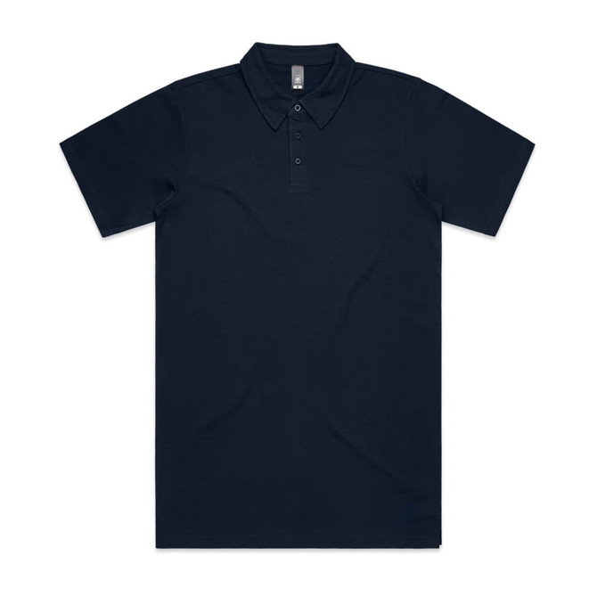 A navy polo shirt with a collar and three buttons, featuring a logo on the chest.