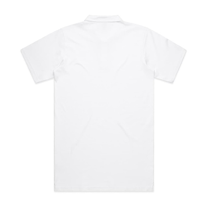 A plain white polo shirt featuring a collar and short sleeves, with a logo on the upper back.