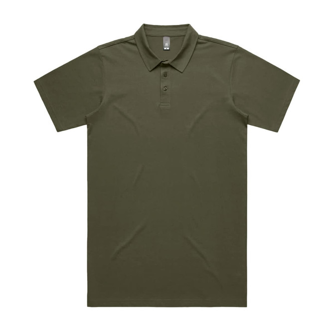 An olive green polo shirt with a collar and three buttons, featuring a logo.