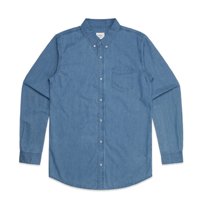 A blue denim shirt with a button-down collar and a single chest pocket, featuring a logo.