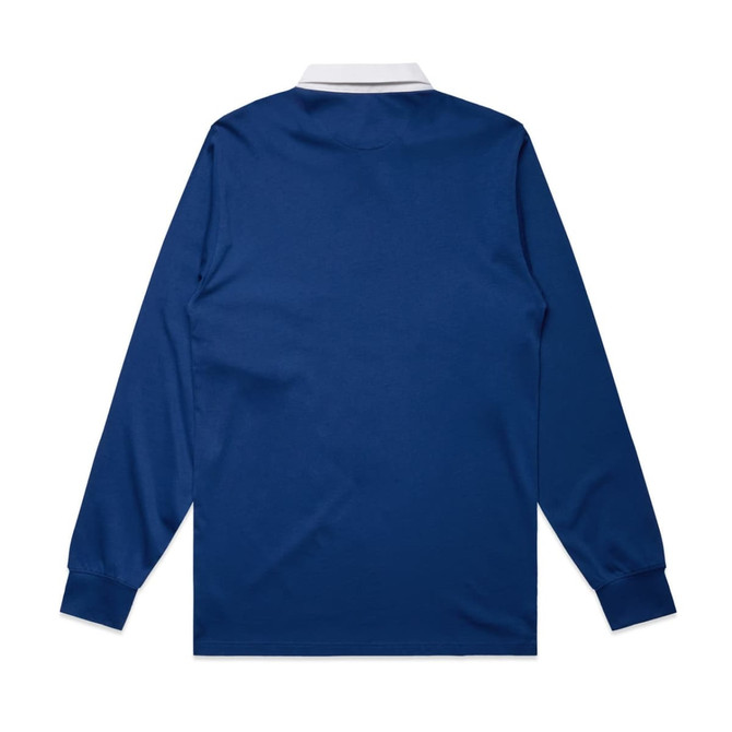 A navy rugby jersey with long sleeves and a white collar, featuring a logo on the back.