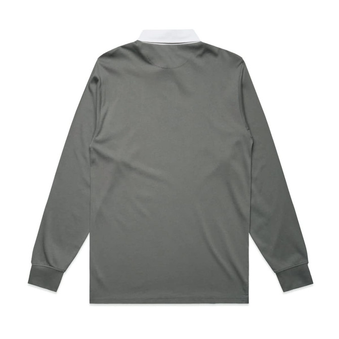 A grey rugby jersey with long sleeves and a white collar, featuring a logo on the back.