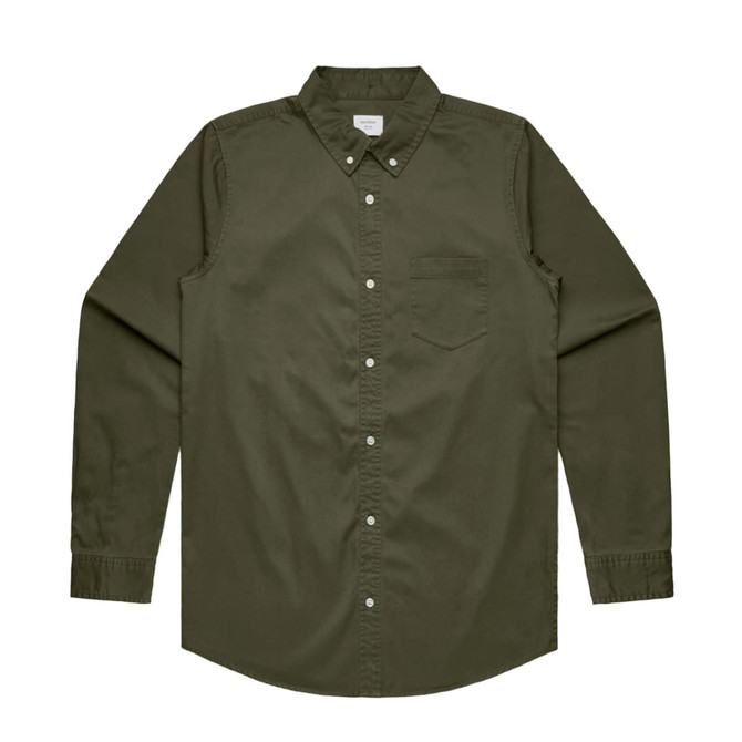 A button-up shirt in olive green with long sleeves and a chest pocket, featuring a logo.