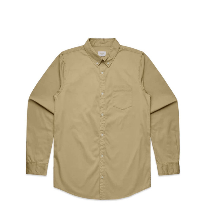 A khaki button-up denim wash shirt with long sleeves and a chest pocket, featuring a logo.