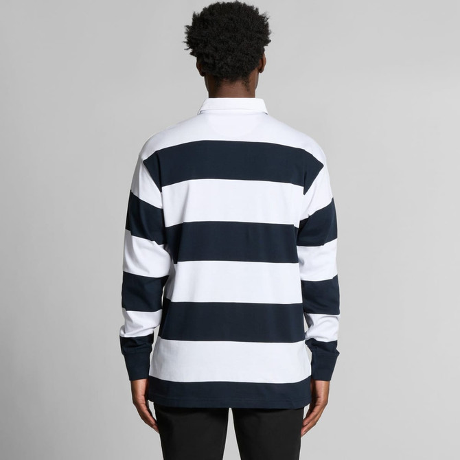 A long-sleeve polo shirt featuring navy and white horizontal stripes and a collar, with a logo on the back.