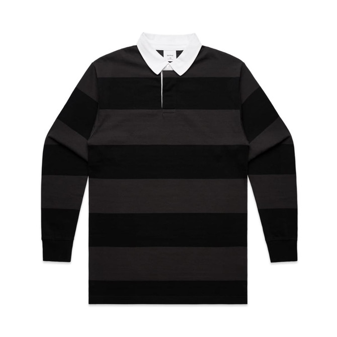 A long-sleeve polo shirt featuring black and grey rugby stripes, with a white collar and a branded logo.