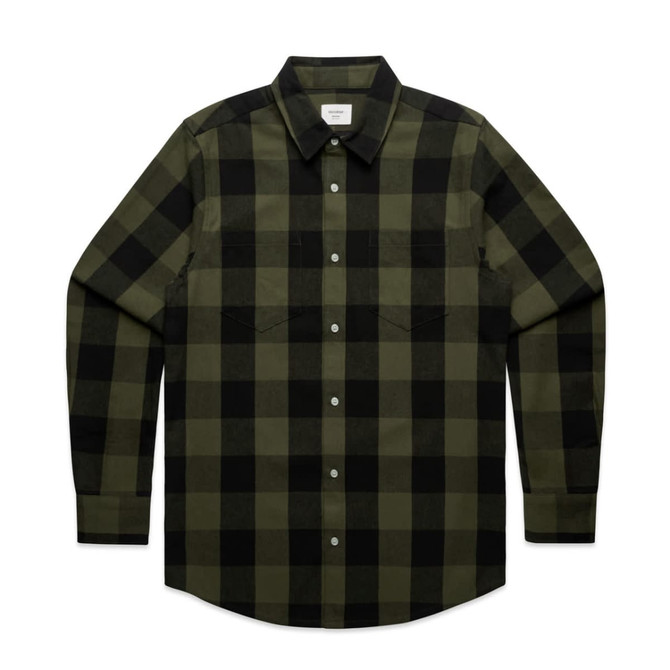 A button-up shirt featuring a green and black check pattern, with a collar and long sleeves. It has a logo.