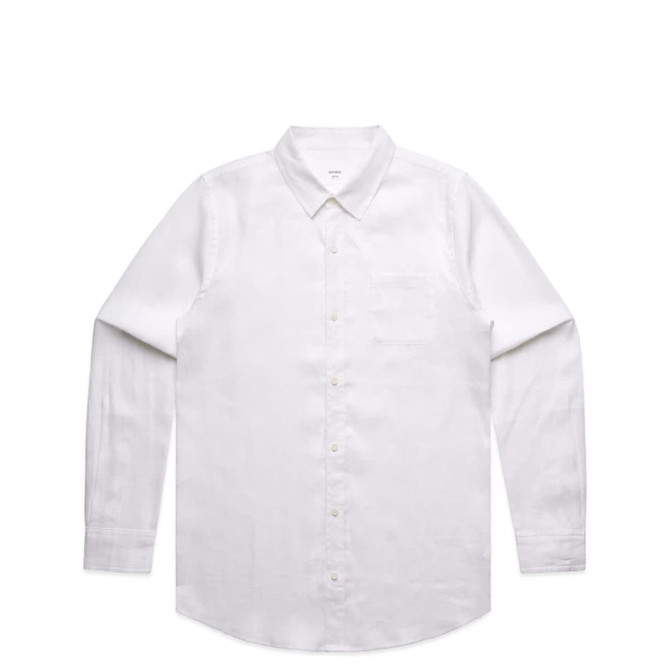 A white linen button-up shirt with long sleeves and a chest pocket. It features a collar and a logo.