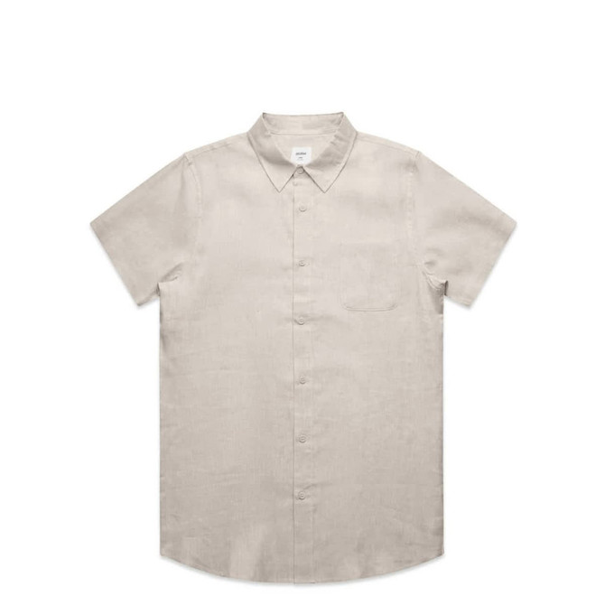 A short-sleeved, button-up linen shirt in a light beige colour with a front pocket and a collar.