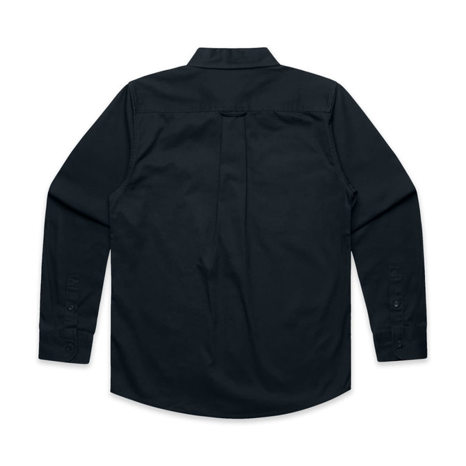 A black work shirt featuring long sleeves and a buttoned cuff, showing the back view. It has a logo on the fabric.