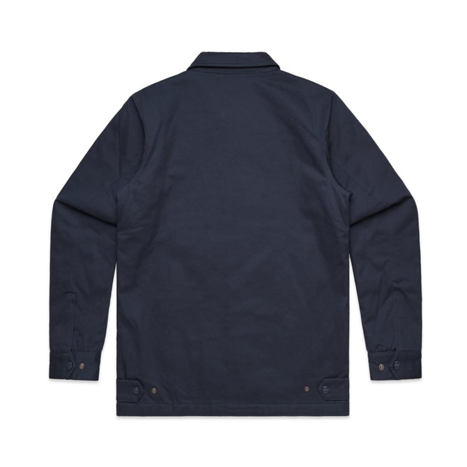 A navy work jacket with a collared neckline, long sleeves, and button details at the cuffs and hem, featuring a logo.