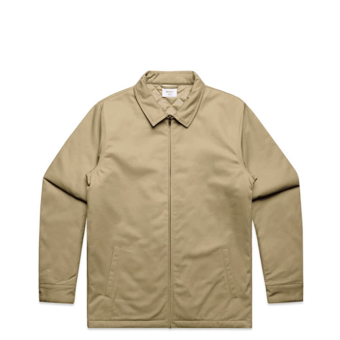 A beige service jacket featuring a collar, front zip, and side pockets. The jacket has a logo displayed.