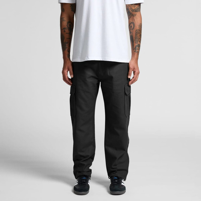Utility cargo pants in black worn by a model, featuring side pockets and a casual fit.