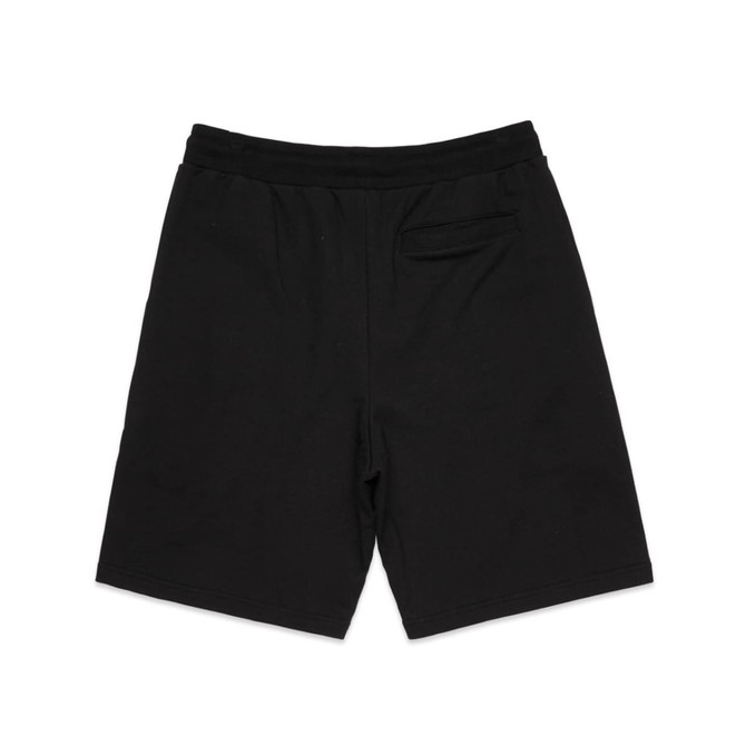 Black sports shorts with a waistband and a back pocket, featuring a logo. Suitable for various athletic activities.