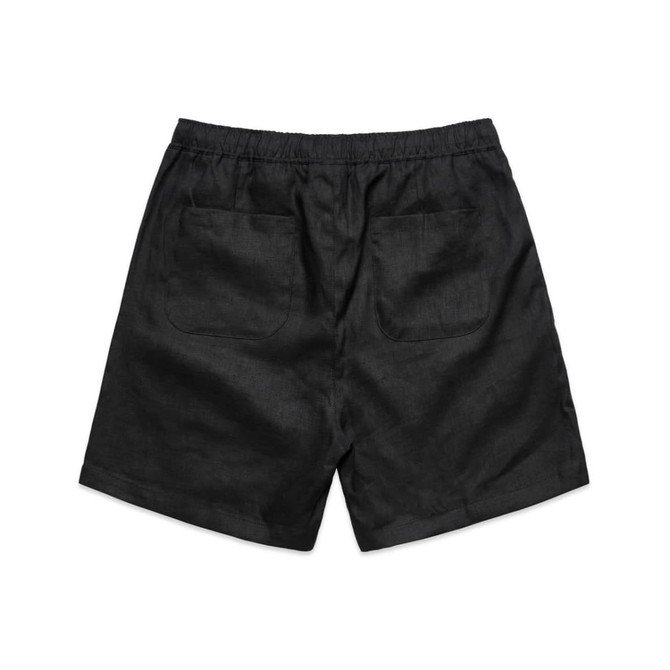 Black linen shorts with an elasticated waistband and two back pockets. Features a clean, simple design.