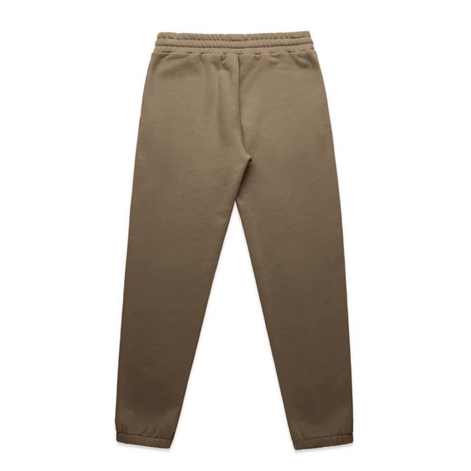 A pair of brown track pants with an elastic waistband and cuffs. Features a logo on the waistband.