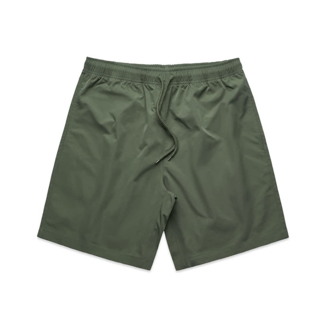 Active training shorts in olive green with an elastic waistband and a drawstring. Features a logo on the side.