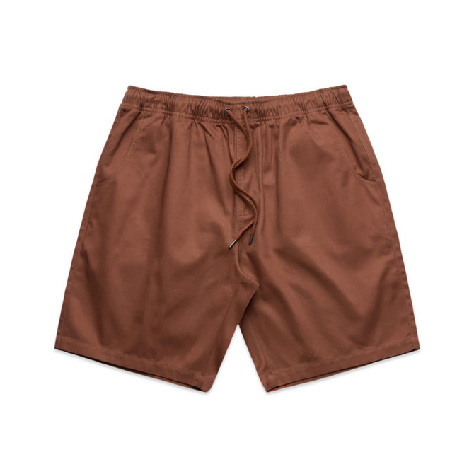 Brown dress shorts with an elastic waistband and dual side pockets. The shorts feature a branding logo.