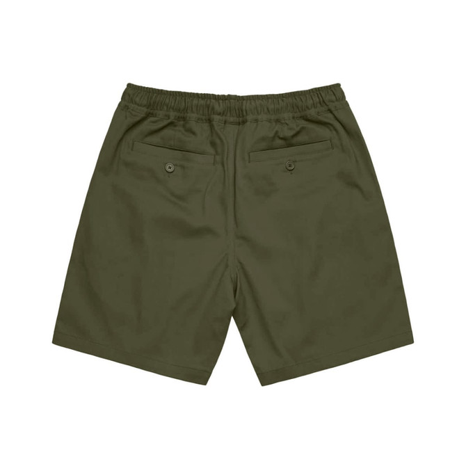 Olive green walk shorts with an elastic waistband and two back pockets. Includes a logo.