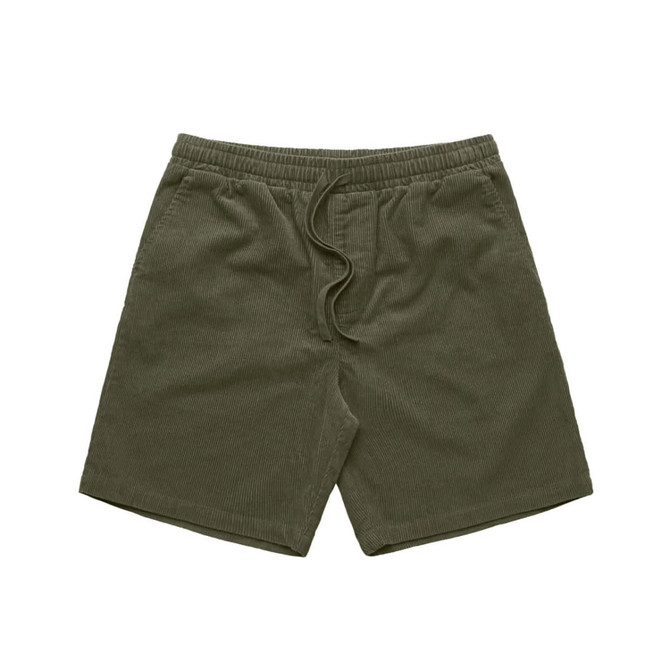 Cord shorts in olive green, featuring an elastic waistband and adjustable drawstring. Includes branding.
