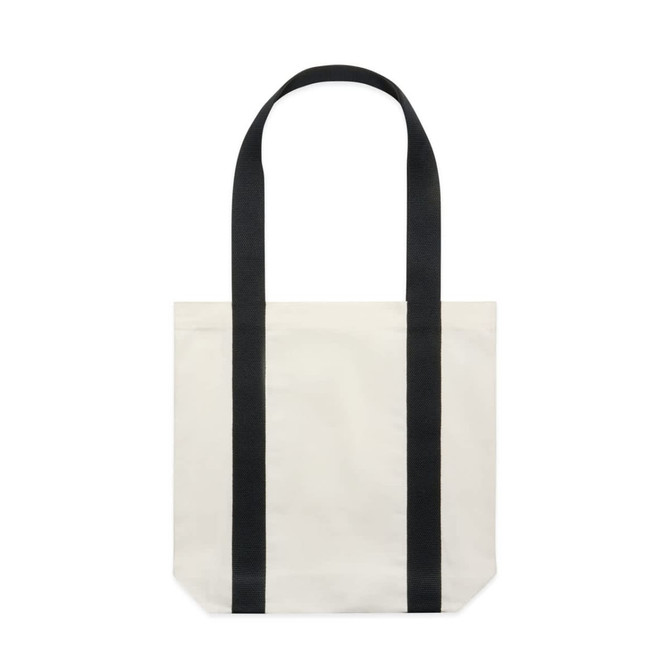 A two-tone tote bag in cream with black straps. It features a logo on the front.