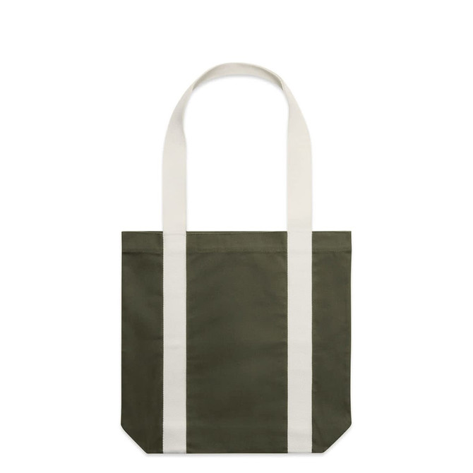 A two-tone tote bag in olive green with white shoulder straps and a simple design. It features a logo on the front.