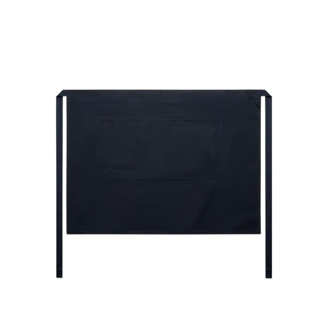 A dark navy half apron featuring a front pocket and ties. It has a simple design with a logo.