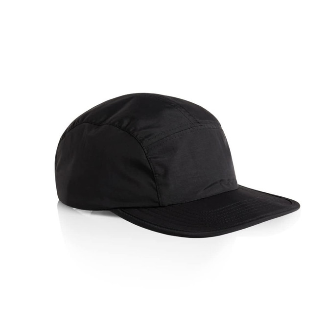 A black nylon cap featuring a curved brim and a smooth finish, with a logo on the side.