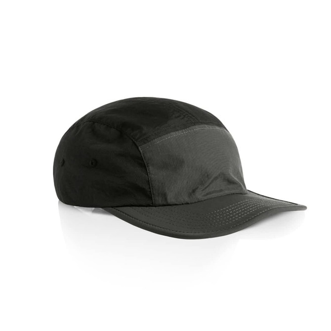 A black two-tone nylon cap featuring a sleek design and a logo on the side.