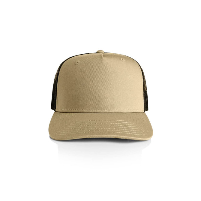 A beige trucker cap with a black mesh back and a structured front panel, featuring a logo on the front.