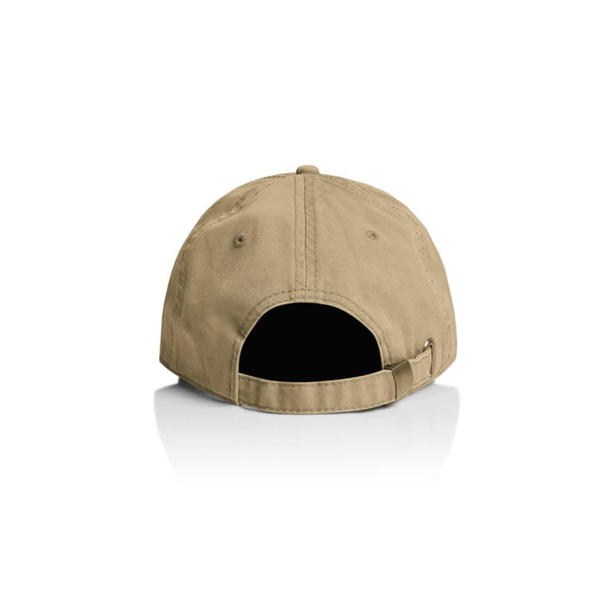 A tan five-panel cap featuring a rear adjustable strap and an interior lining, with a branding logo present.