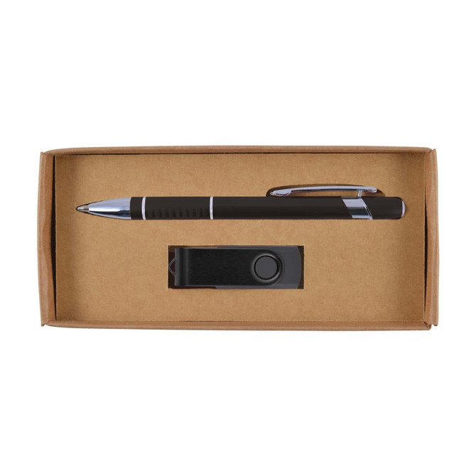 A brown pen with a chrome clip and a black USB drive, both presented in a cardboard gift box.