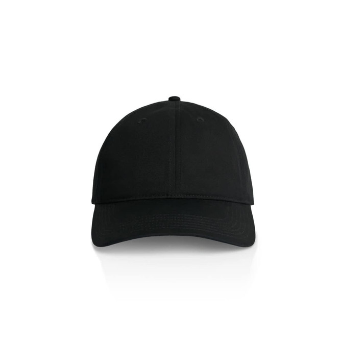 A black cap with a curved brim and an adjustable strap at the back, featuring a logo on the front.
