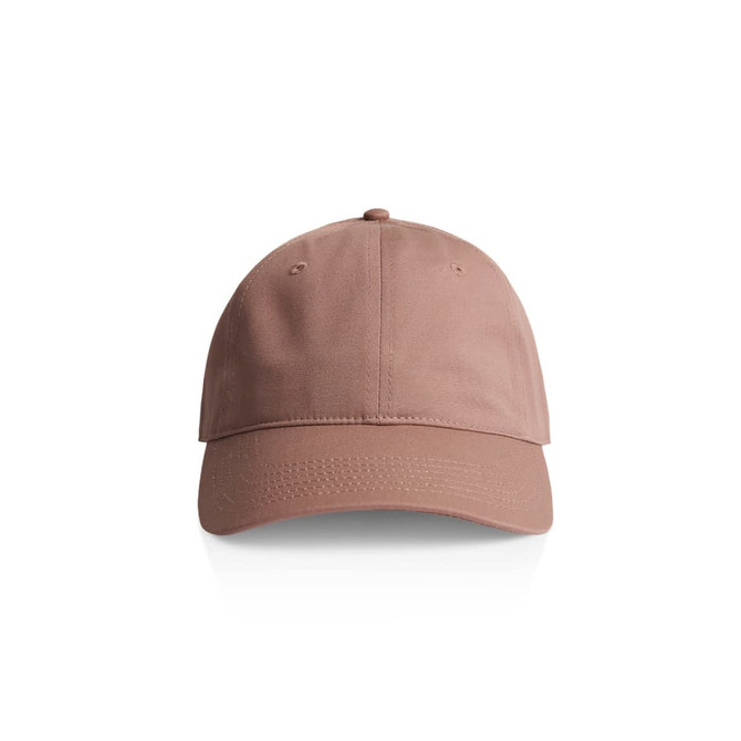 A beige cap with a rounded crown and a curved brim, featuring a logo on the front.