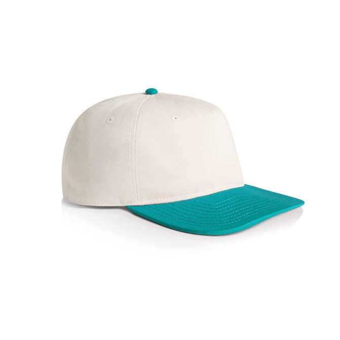 A two-tone cap featuring a white crown and a teal brim, equipped with a logo.