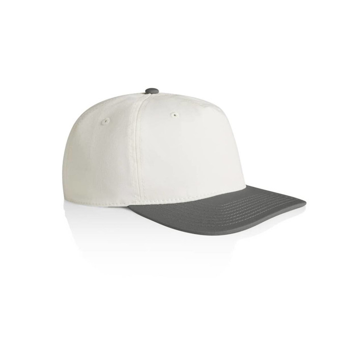 A two-tone cap featuring a white crown and a grey peak, with a button on top and a branded label.