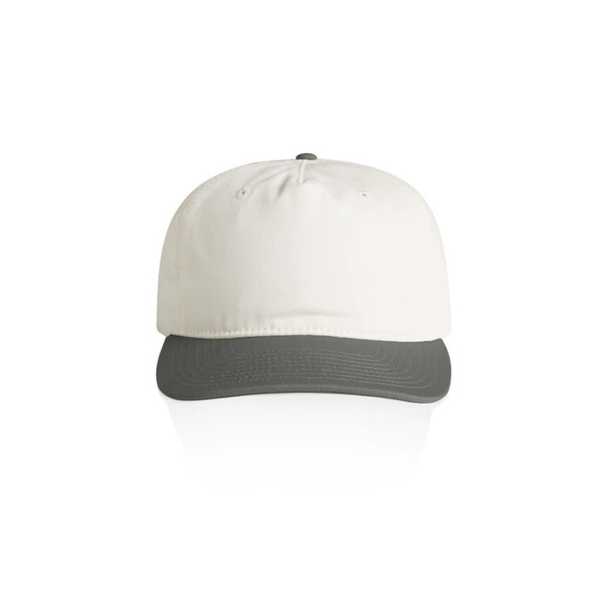 A two-tone cap featuring a white crown and a grey peak. The cap has a logo on the front.