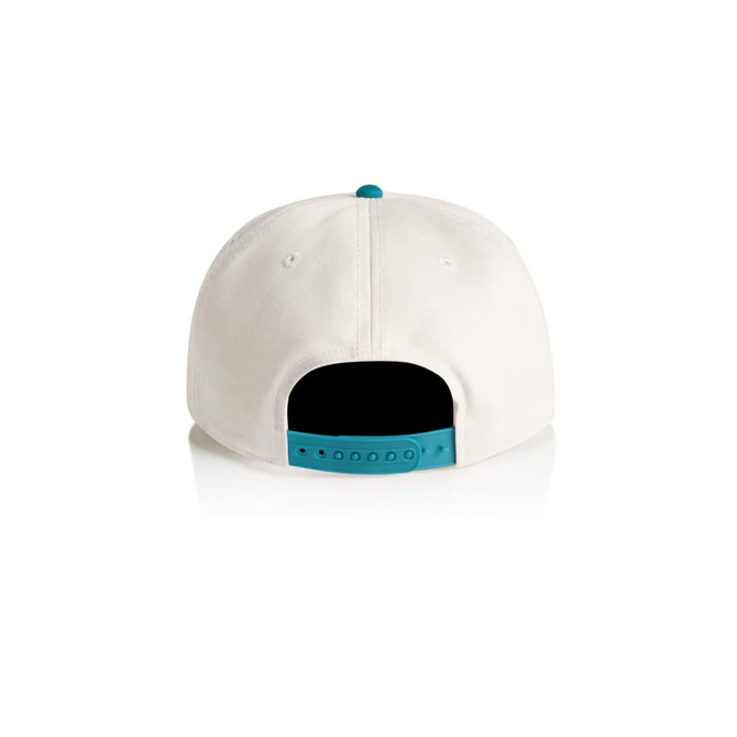 A two-tone cap featuring a white base with a teal back and adjustable strap. It has a logo on the back.
