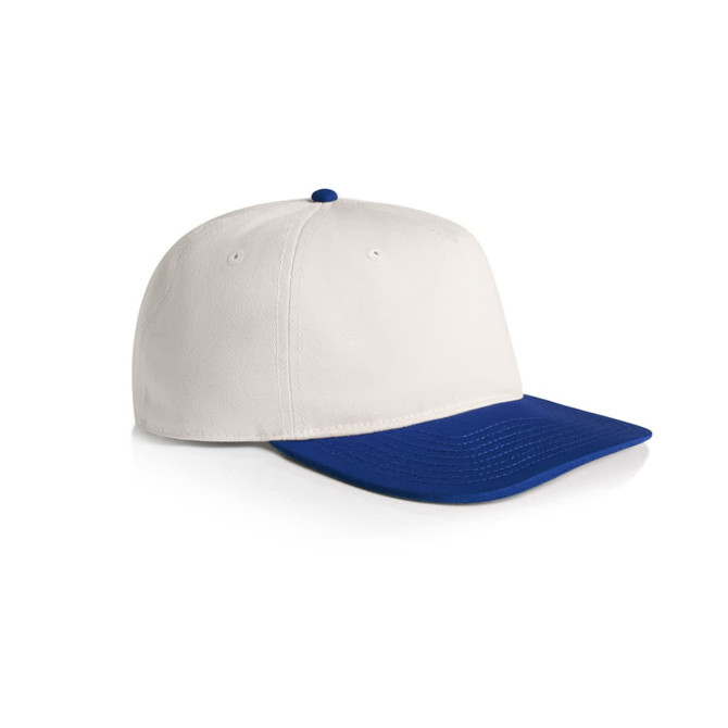 A two-tone cap featuring a white upper and a blue peak, with a button on top and a logo.