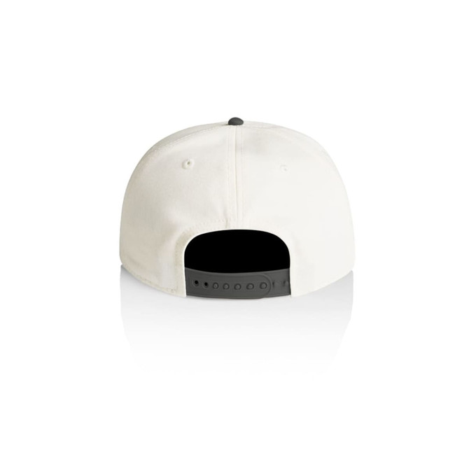 A two-tone cap in cream and black, featuring a snapback closure and a smooth finish at the back.