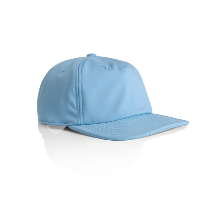 A blue cap with a curved brim and a logo on the front, featuring eyelets for ventilation.