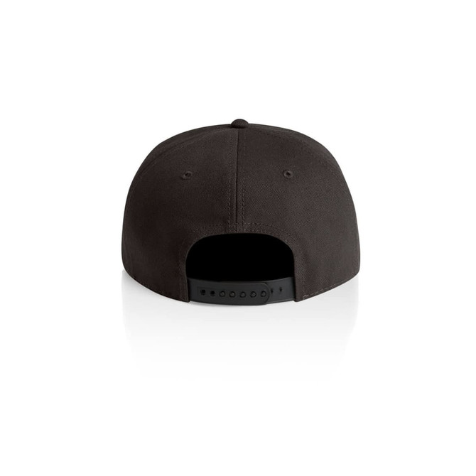 A black cap featuring a flat brim and an adjustable strap at the back, with branding detail.
