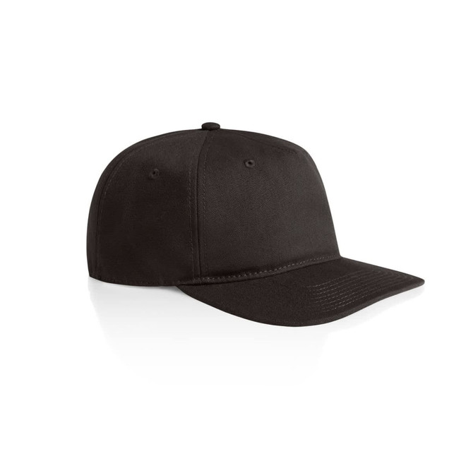 A black cap with a structured fit, featuring a curved brim and an adjustable strap. Includes a logo on the front.