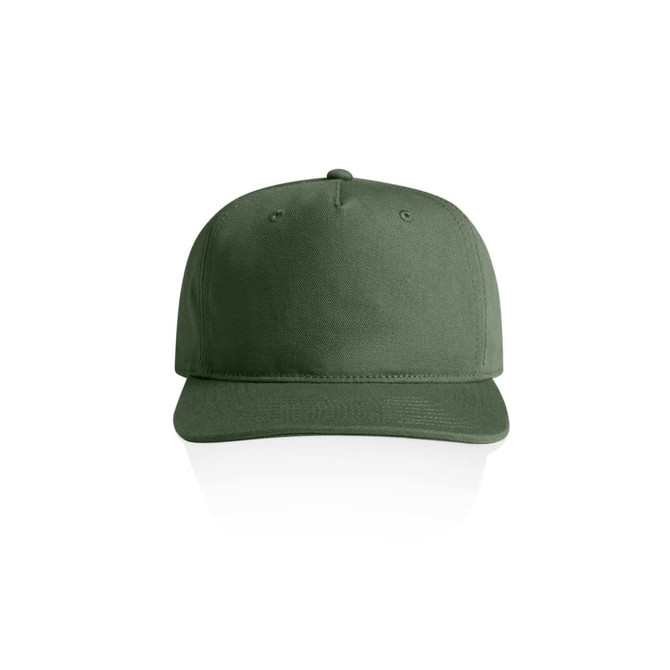 A green cap with a structured front, featuring a logo and a flat brim.