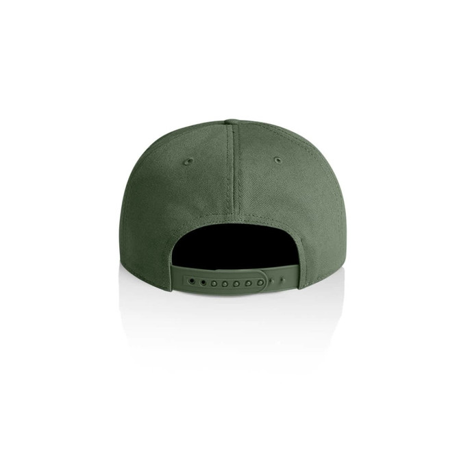 A green cap featuring a smooth finish and an adjustable strap at the back. Includes a logo.