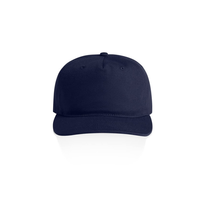 A navy blue cap with a flat peak and a structured crown, featuring a branding logo.