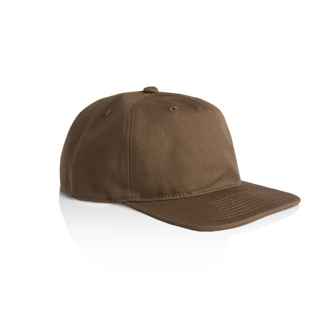 A brown cap with a structured design and a straight peak, featuring a logo on the front.